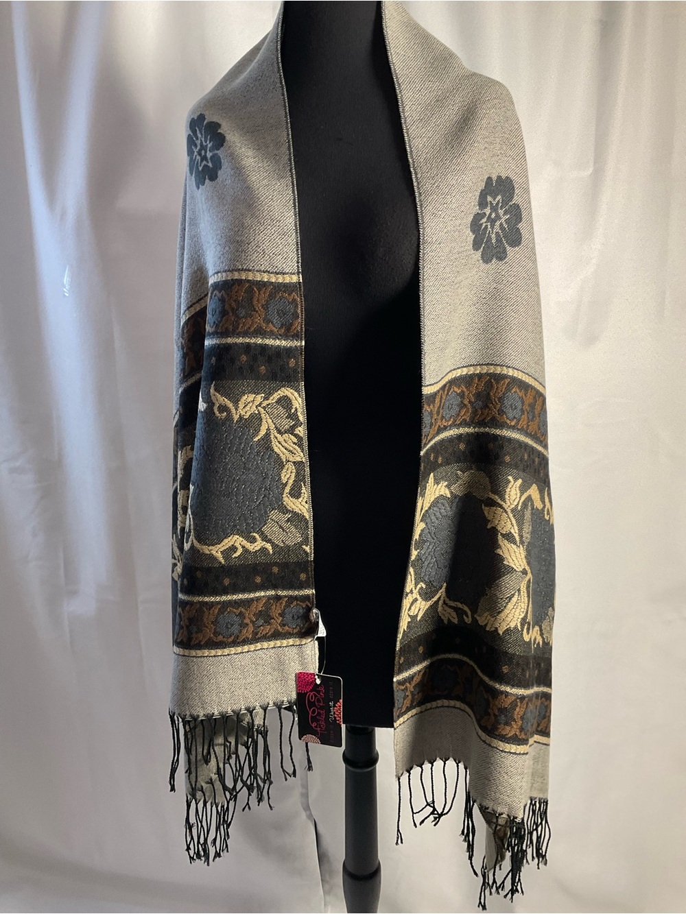 Floral Border Woven Wrap Scarf - Gray & Black